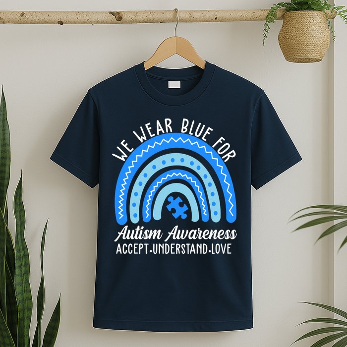 We Wear Blue For Autism Awareness Puzzle Rainbow T-Shirt