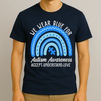 We Wear Blue For Autism Awareness Puzzle Rainbow T-Shirt
