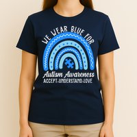 We Wear Blue For Autism Awareness Puzzle Rainbow T-Shirt