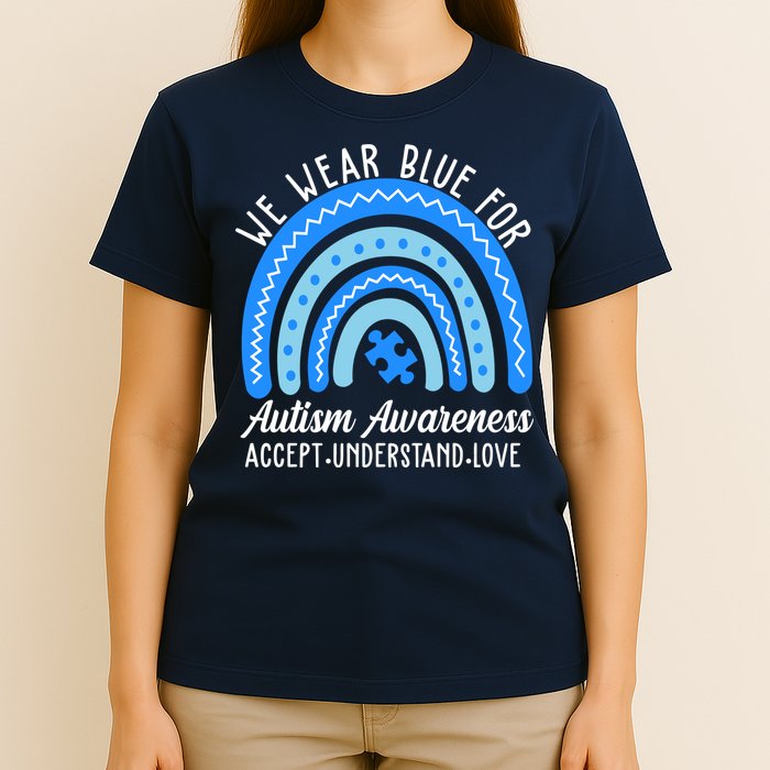 We Wear Blue For Autism Awareness Puzzle Rainbow T-Shirt