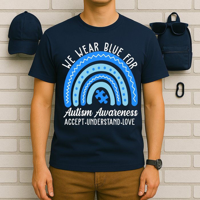 We Wear Blue For Autism Awareness Puzzle Rainbow T-Shirt