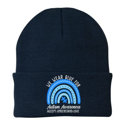 We Wear Blue For Autism Awareness Puzzle Rainbow Knit Cap Winter Beanie