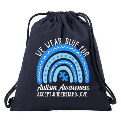 We Wear Blue For Autism Awareness Puzzle Rainbow Drawstring Bag
