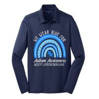 We Wear Blue For Autism Awareness Puzzle Rainbow Silk Touch Performance Long Sleeve Polo