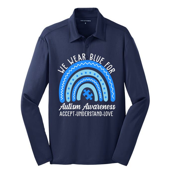 We Wear Blue For Autism Awareness Puzzle Rainbow Silk Touch Performance Long Sleeve Polo