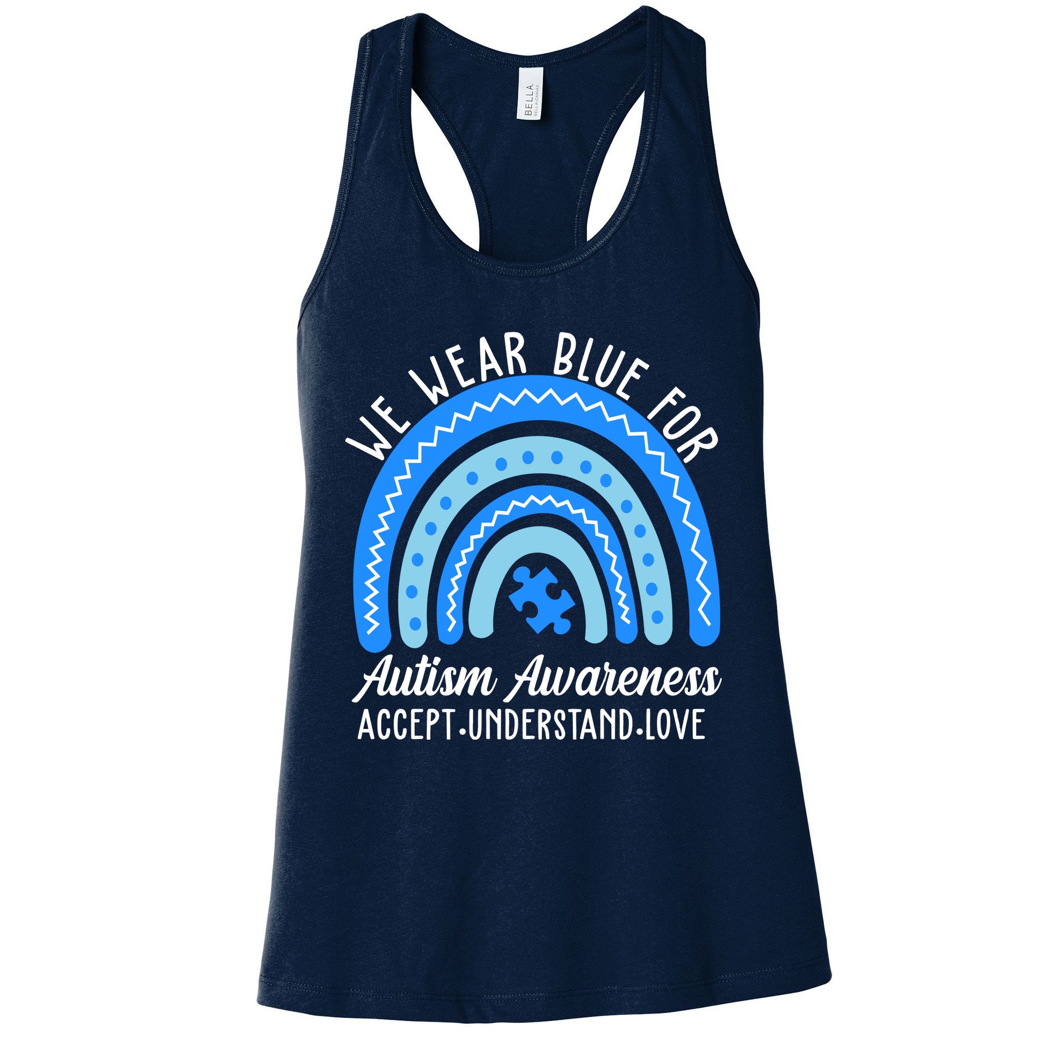 We Wear Blue For Autism Awareness Puzzle Rainbow Womens Tank Top