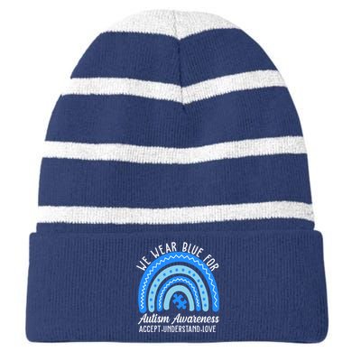 We Wear Blue For Autism Awareness Puzzle Rainbow Striped Beanie with Solid Band