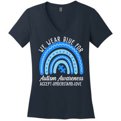 We Wear Blue For Autism Awareness Puzzle Rainbow Women's V-Neck T-Shirt