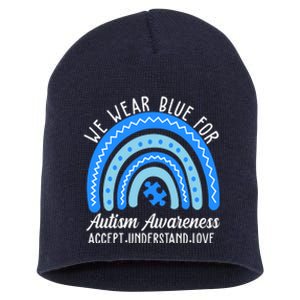 We Wear Blue For Autism Awareness Puzzle Rainbow Short Acrylic Beanie