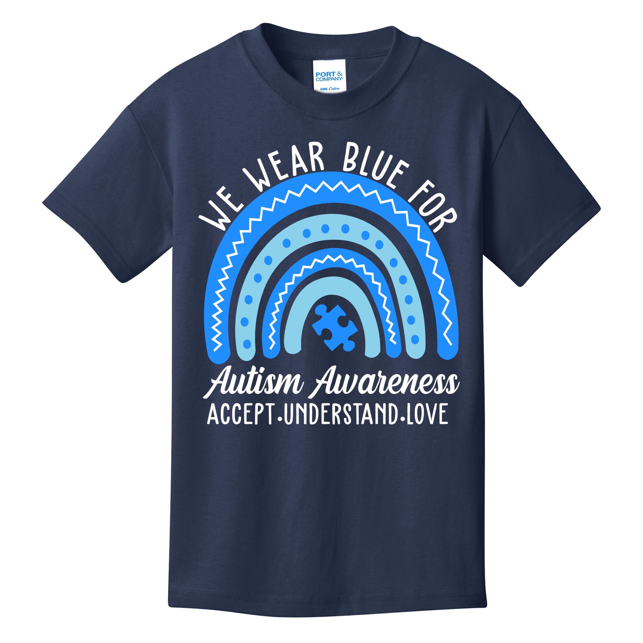 We Wear Blue For Autism Awareness Puzzle Rainbow Kids T-Shirt