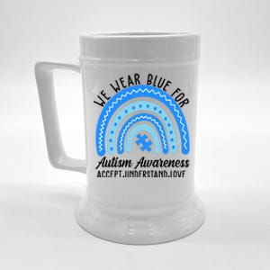 We Wear Blue For Autism Awareness Puzzle Rainbow Beer Stein