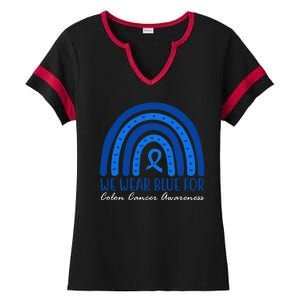 We Wear Blue For Colon Cancer Awareness Rainbow Ribbon Ladies Halftime Notch Neck Tee