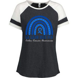 We Wear Blue For Colon Cancer Awareness Rainbow Ribbon Enza Ladies Jersey Colorblock Tee