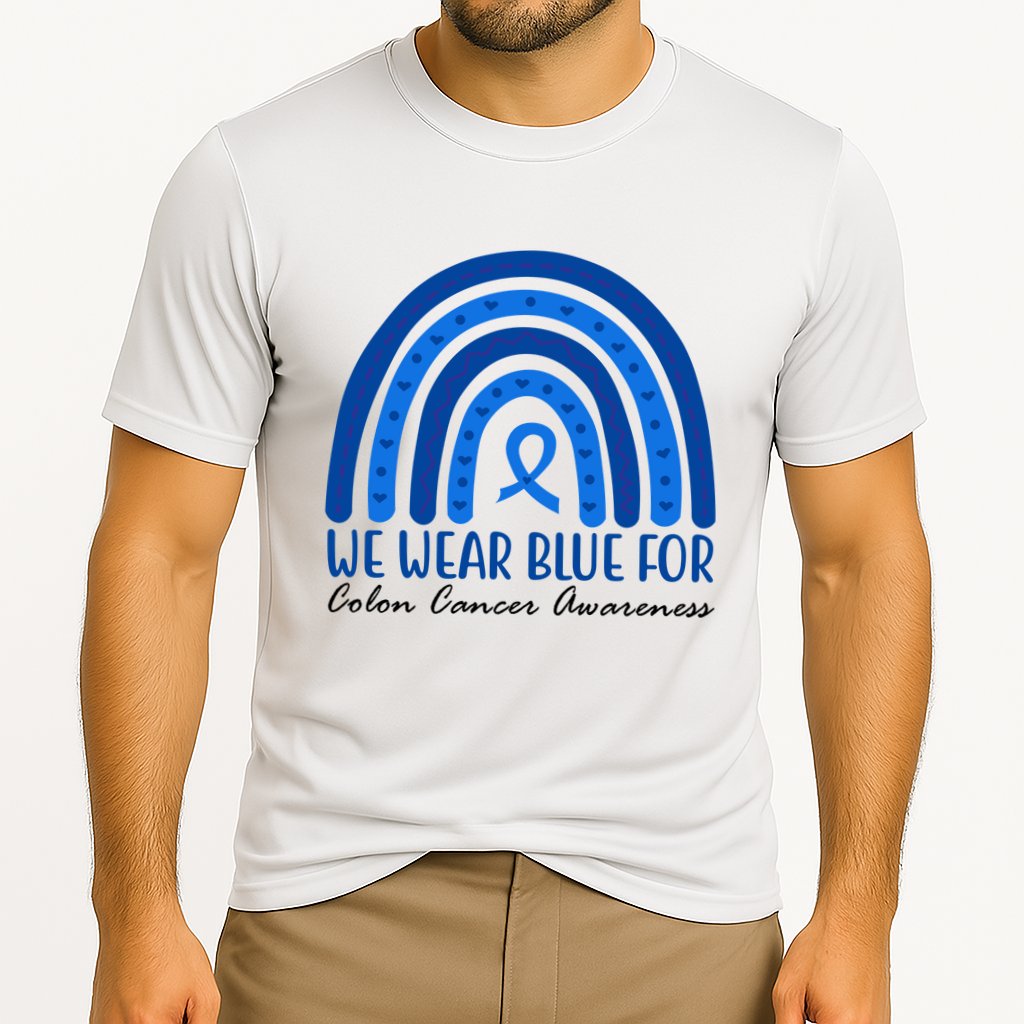 We Wear Blue For Colon Cancer Awareness Rainbow Ribbon Cooling Performance Crew T-Shirt