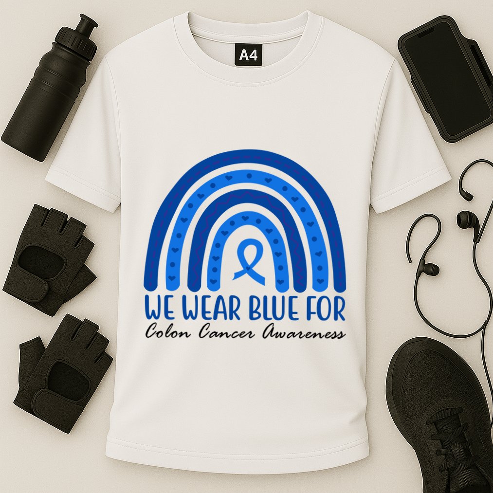 We Wear Blue For Colon Cancer Awareness Rainbow Ribbon Cooling Performance Crew T-Shirt