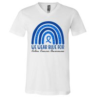 We Wear Blue For Colon Cancer Awareness Rainbow Ribbon V-Neck T-Shirt