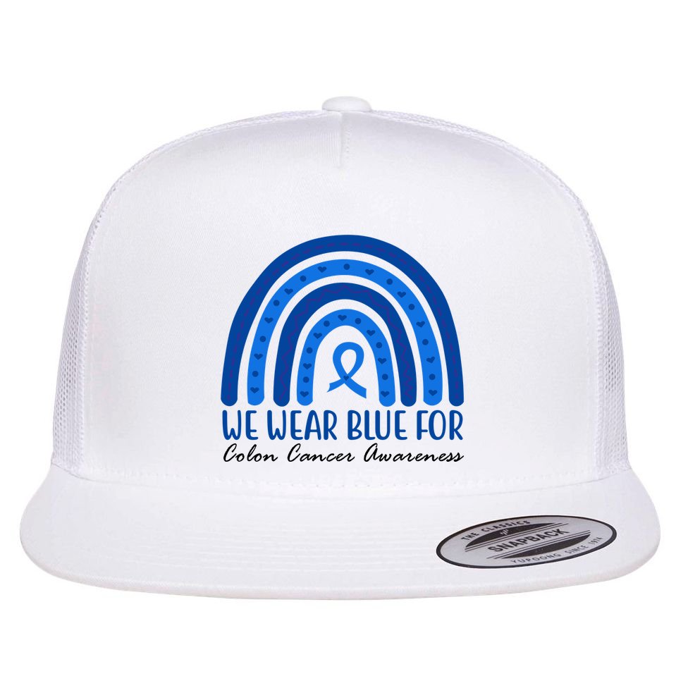 We Wear Blue For Colon Cancer Awareness Rainbow Ribbon Flat Bill Trucker Hat