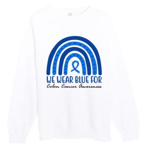 We Wear Blue For Colon Cancer Awareness Rainbow Ribbon Premium Crewneck Sweatshirt