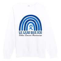 We Wear Blue For Colon Cancer Awareness Rainbow Ribbon Premium Crewneck Sweatshirt