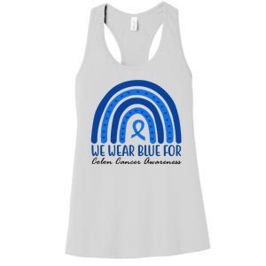 We Wear Blue For Colon Cancer Awareness Rainbow Ribbon Women's Racerback Tank