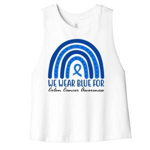 We Wear Blue For Colon Cancer Awareness Rainbow Ribbon Women's Racerback Cropped Tank