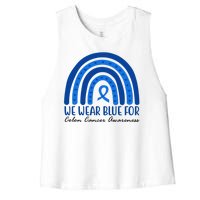 We Wear Blue For Colon Cancer Awareness Rainbow Ribbon Women's Racerback Cropped Tank