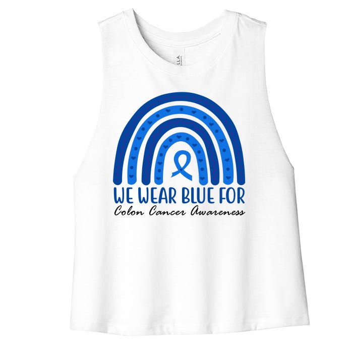 We Wear Blue For Colon Cancer Awareness Rainbow Ribbon Women's Racerback Cropped Tank