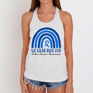 We Wear Blue For Colon Cancer Awareness Rainbow Ribbon Women's Knotted Racerback Tank