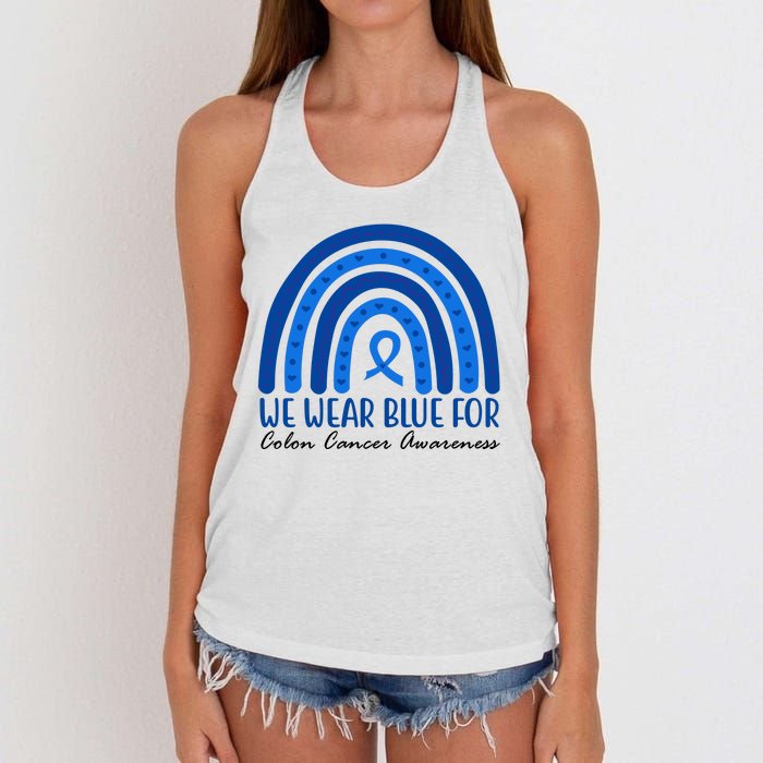 We Wear Blue For Colon Cancer Awareness Rainbow Ribbon Women's Knotted Racerback Tank