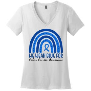 We Wear Blue For Colon Cancer Awareness Rainbow Ribbon Women's V-Neck T-Shirt