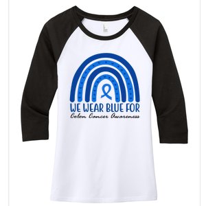 We Wear Blue For Colon Cancer Awareness Rainbow Ribbon Women's Tri-Blend 3/4-Sleeve Raglan Shirt