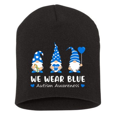 We Wear Blue Autism Awareness Gnomes Puzzle Ribbon Short Acrylic Beanie