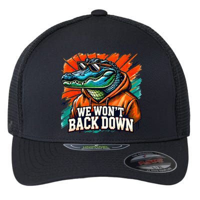 We WonT Back Down Blue And Orange Gator White Flexfit Unipanel Trucker Cap