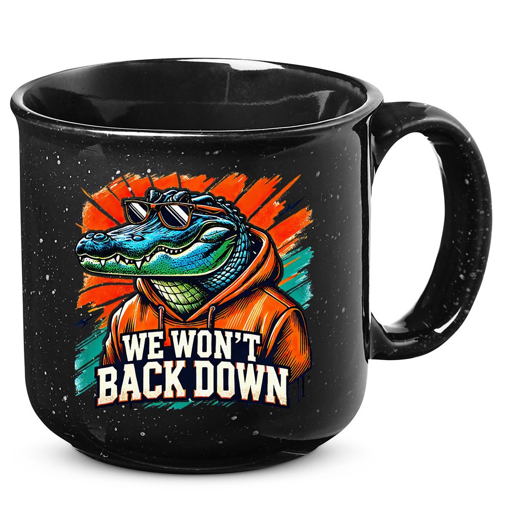 We WonT Back Down Blue And Orange Gator White 15oz Campfire Ceramic Mug