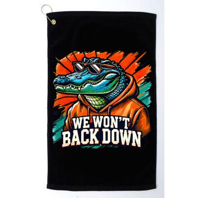 We WonT Back Down Blue And Orange Gator White Platinum Collection Golf Towel