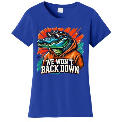 We WonT Back Down Blue And Orange Gator White Women's T-Shirt