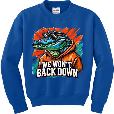 We WonT Back Down Blue And Orange Gator White Kids Sweatshirt