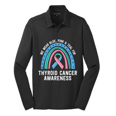 We Wear Blue Pink Teal Thyroid Cancer Awareness Family Group Gift Silk Touch Performance Long Sleeve Polo