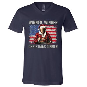 Winner Winner Christmas Dinner Santa Trump Us Flag Xmas V-Neck T-Shirt