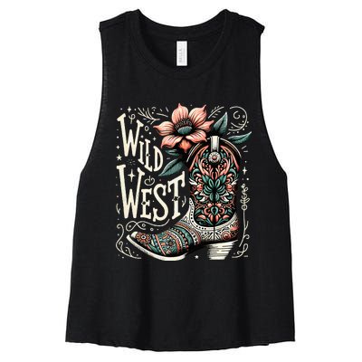 Wild West Country Music Vintage Cowgirl Boot Western Flower Women's Racerback Cropped Tank