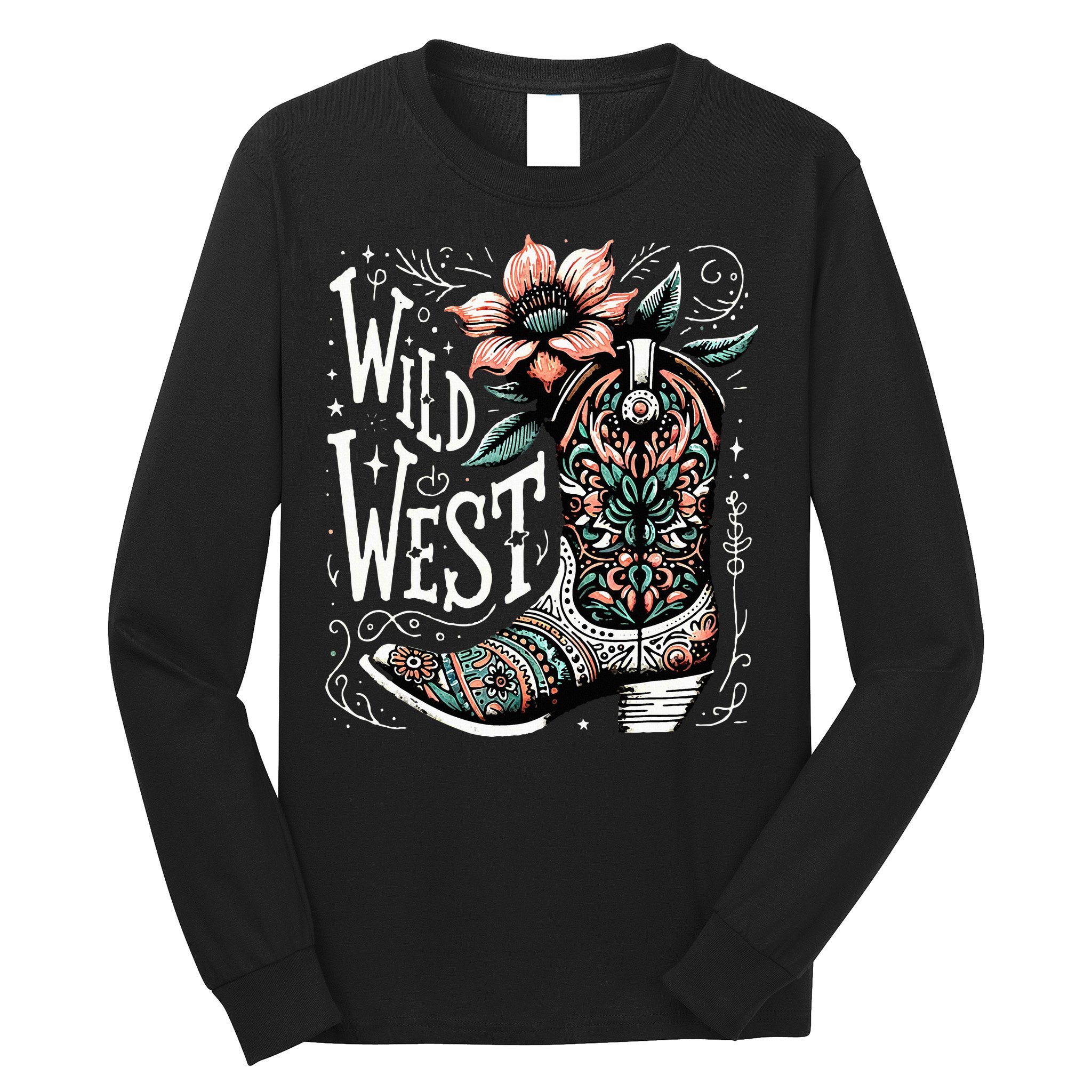 Wild West Country Music Vintage Cowgirl Boot Western Flower Long Sleeve Shirt