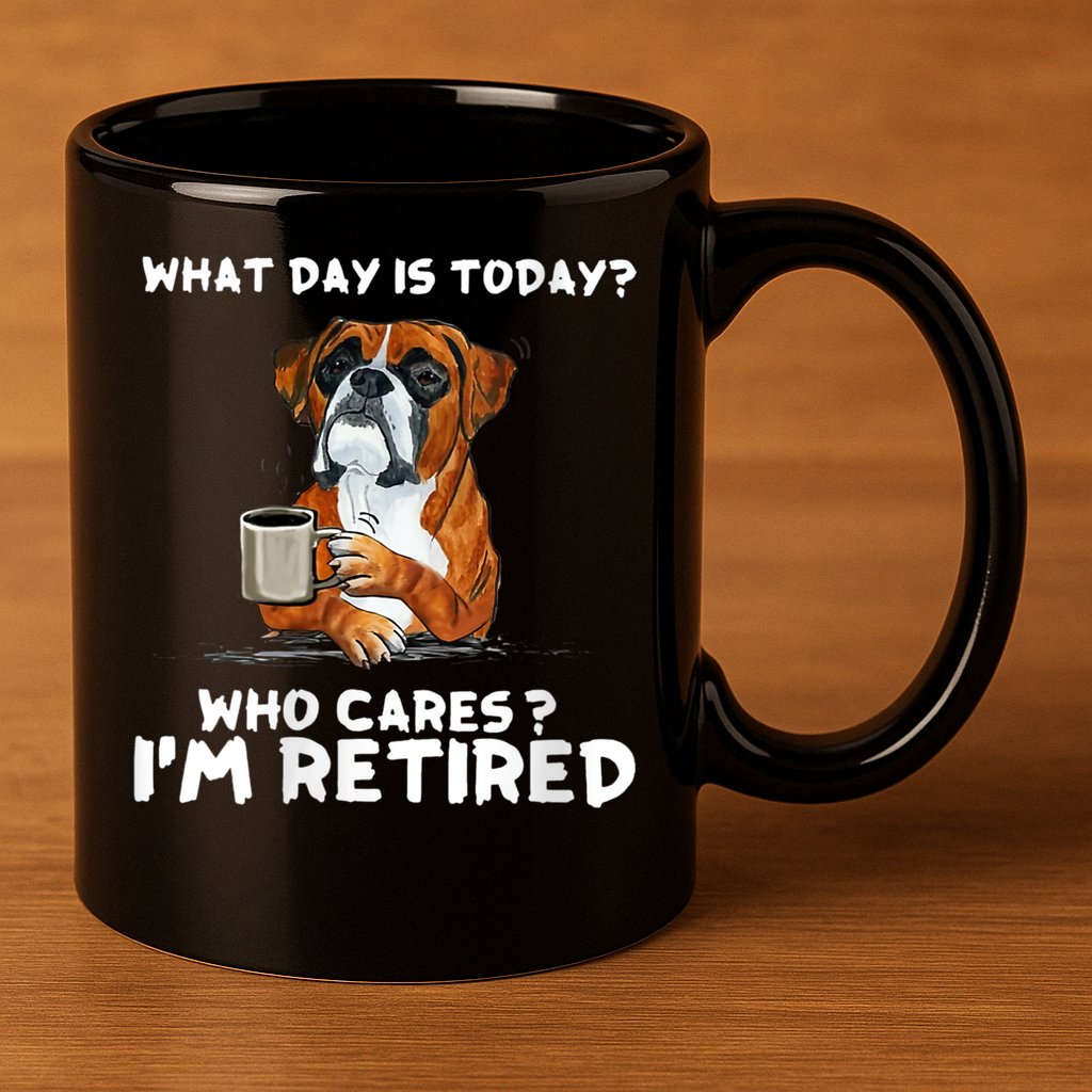 Womens What Day Is Today Who Care I'm Retired Funny Boxer Dog 11oz C Handle Ceramic Mug