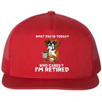 Womens What Day Is Today Who Care I'm Retired Funny Boxer Dog Flat Bill Trucker Hat