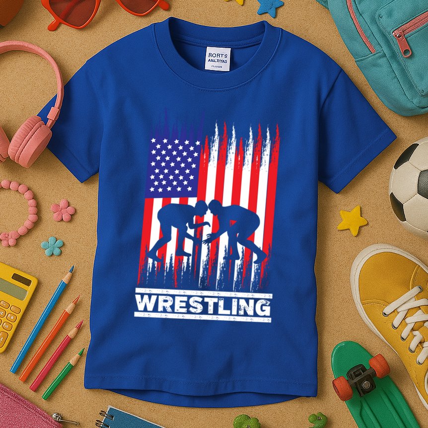 Wrestler Wrestling Fans American Flag Men Women Gift Kids T-Shirt
