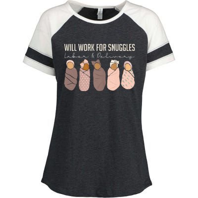 Will Work For Snuggles Labor And Delivery Nurse Funny Enza Ladies Jersey Colorblock Tee