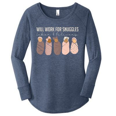 Will Work For Snuggles Labor And Delivery Nurse Funny Women's Perfect Tri Tunic Long Sleeve Shirt