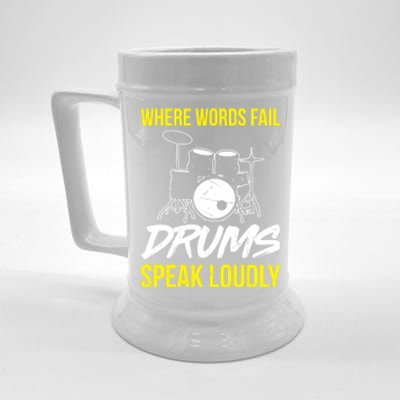 Where Words Fail Drums Speak Loudly Funny Drummer Gift Beer Stein