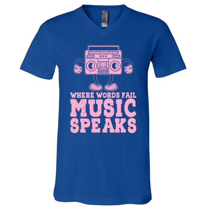 Where Words Fail Music Speaks Cute Gift Musical Music Notes Musician Gift V-Neck T-Shirt