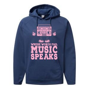 Where Words Fail Music Speaks Cute Gift Musical Music Notes Musician Gift Performance Fleece Hoodie