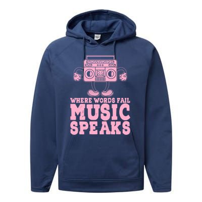 Where Words Fail Music Speaks Cute Gift Musical Music Notes Musician Gift Performance Fleece Hoodie